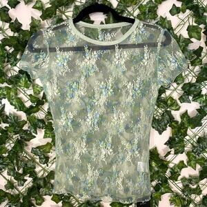 Blue green mesh lace top